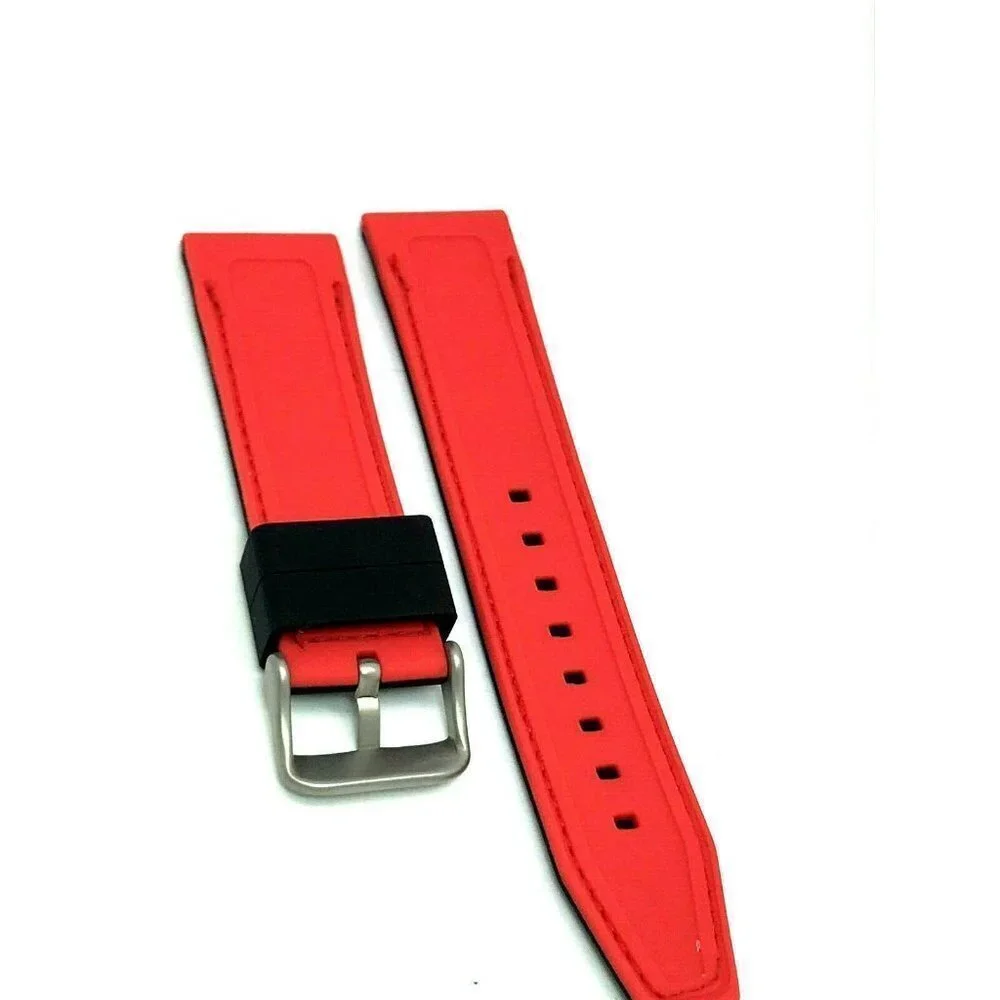 Men's Watch Band Replacement Black Red Rubber Strap 22mm Lug Silver Buck…